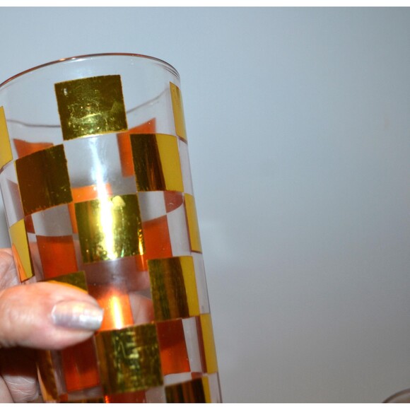 Vintage Tall Glasses 1950s Gold Checkerboard Set of Four Heavy - Picture 6 of 6